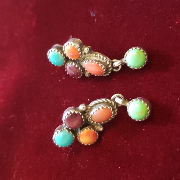 Vintage Handcrafted Signed Navaho Silver Multi Stone Post Earrings - Picture 7 of 12